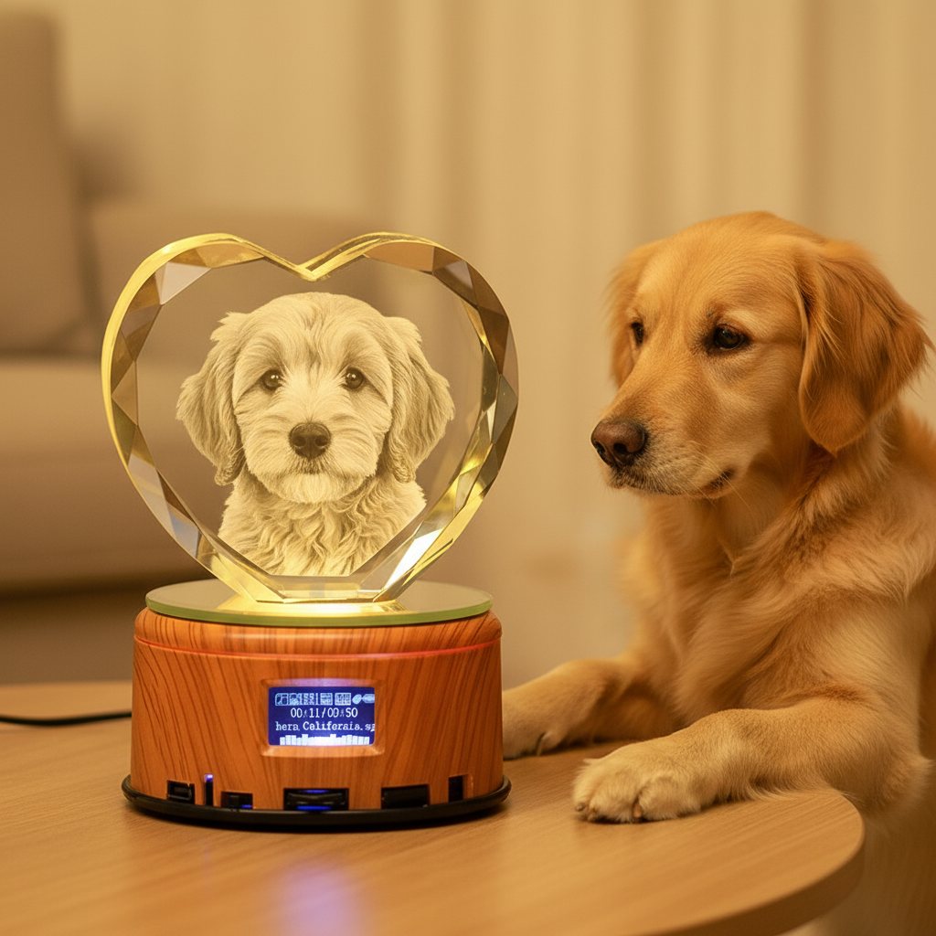 Custom 3D Crystal Music Lamp — Heart Photo Engraving, Bluetooth, LED Rotation