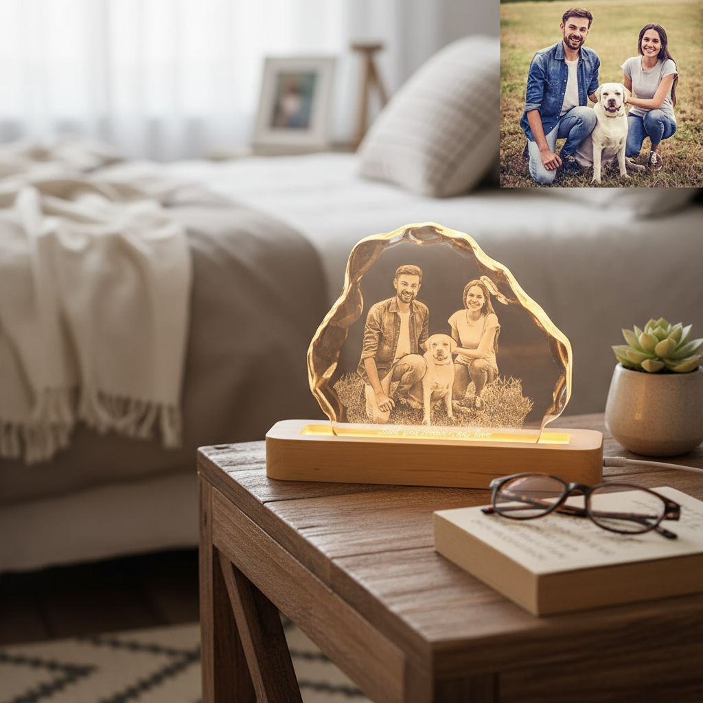 Custom 3D Crystal Music Lamp — Heart Photo Engraving, Bluetooth, LED Rotation