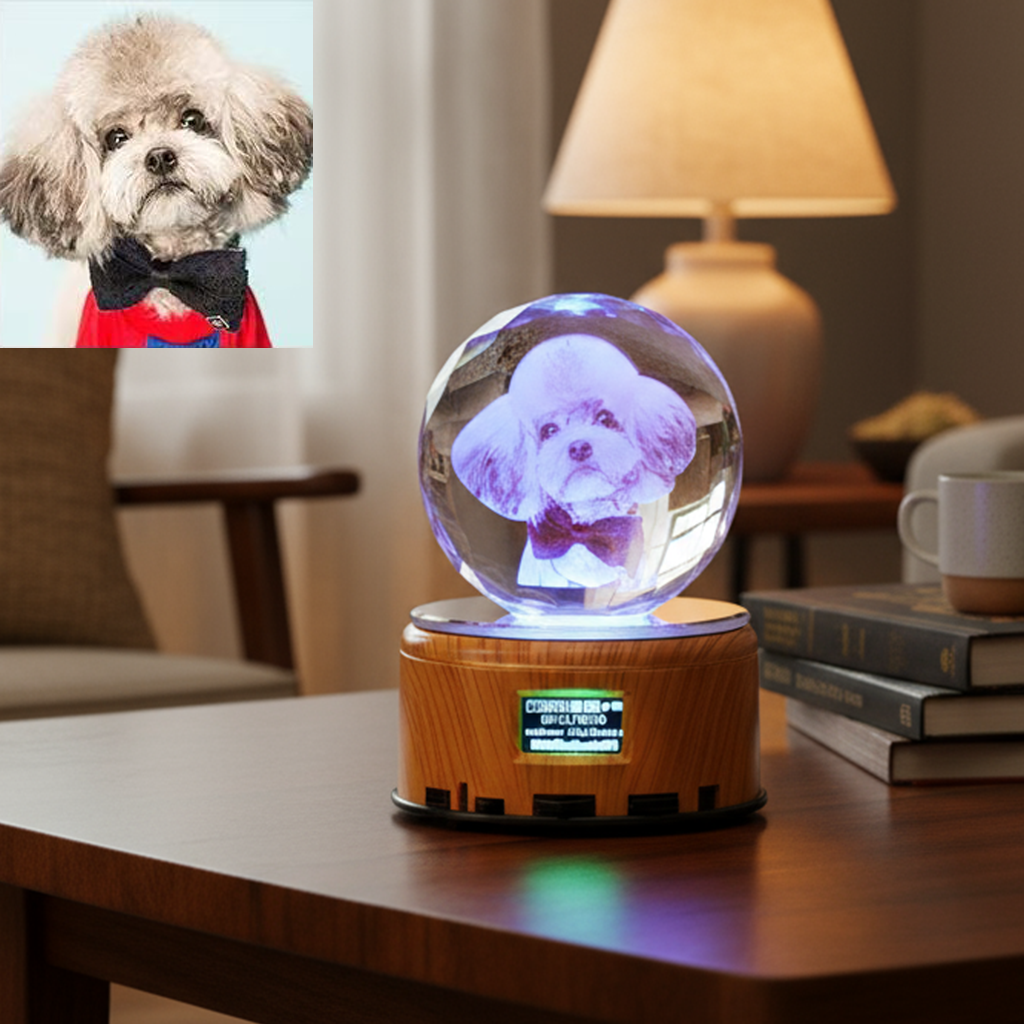 Custom 3D Crystal Music Lamp — Heart Photo Engraving, Bluetooth, LED Rotation