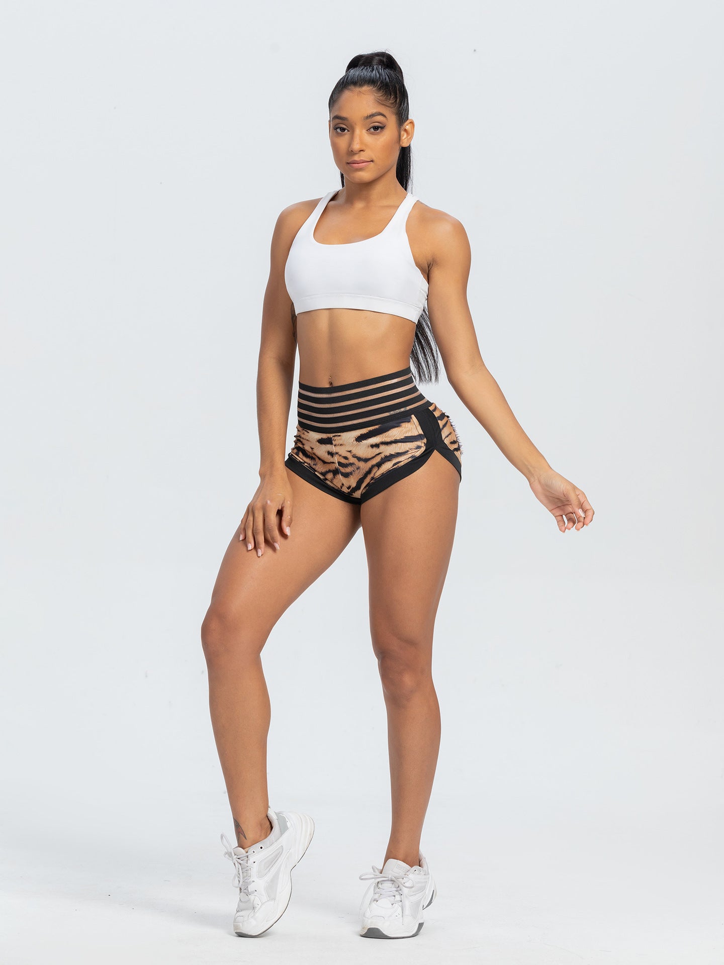 Peach Lace Waist Tiger Print Yoga