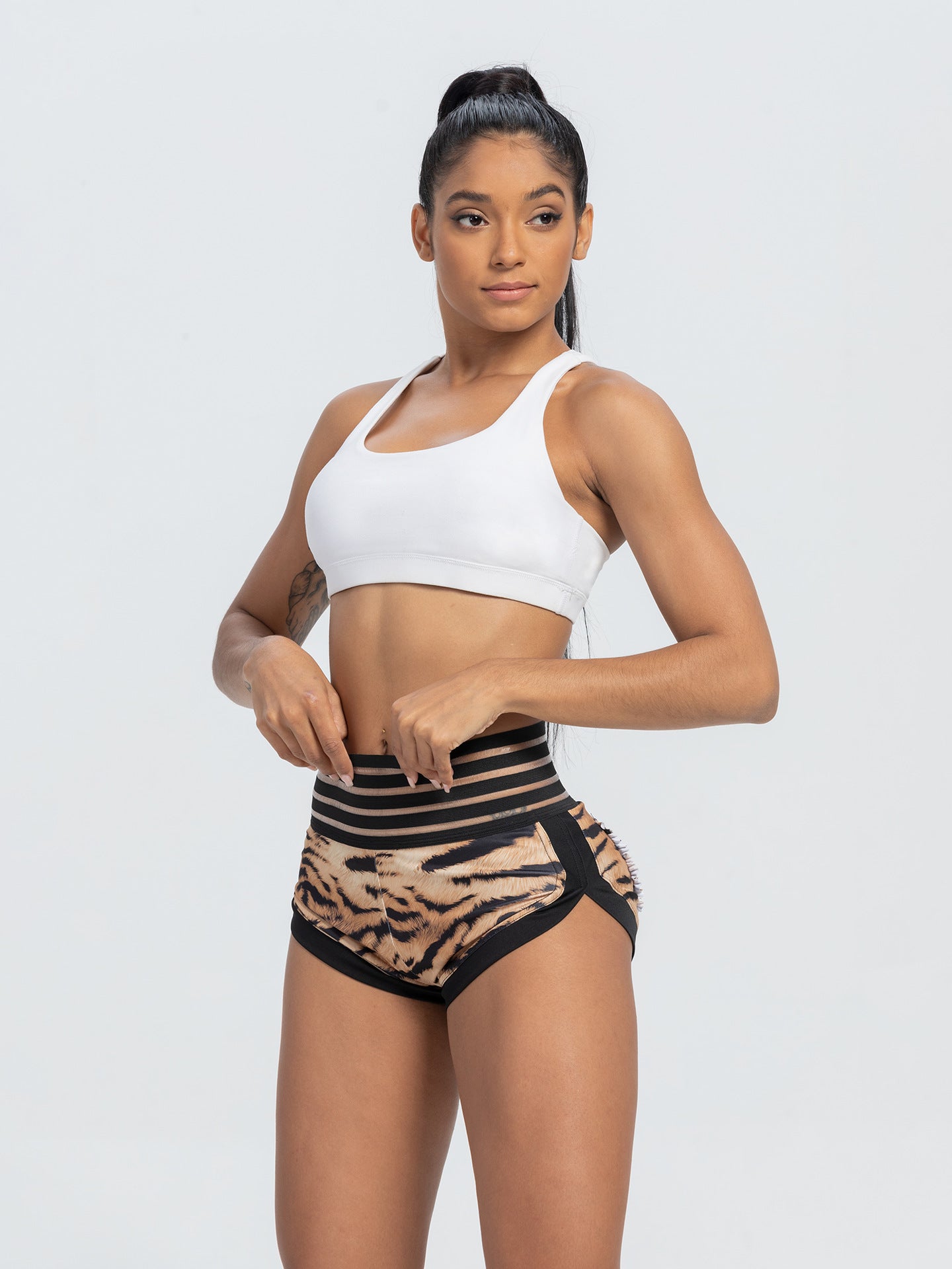 Peach Lace Waist Tiger Print Yoga