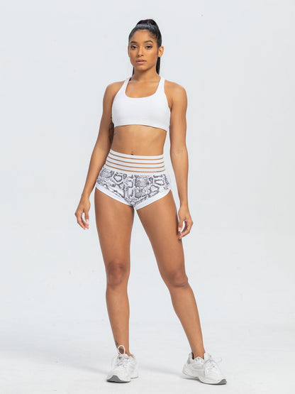 Peach Lace Waist Snake Print Yoga Shorts with Pocket and Butt Lift