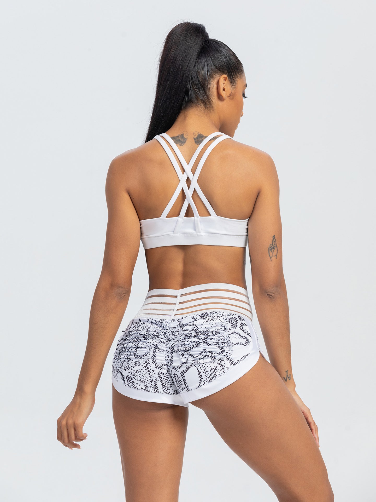 Peach Lace Waist Snake Print Yoga Shorts with Pocket and Butt Lift