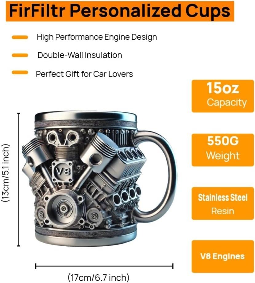 V8 Engines Stainless Steel Cup,Personalized Coffee Mug with Insulated Handle,Perfect for Car Lovers Gifts,Mechanics, Birthday, Christmas,Living room decoration as a work of art