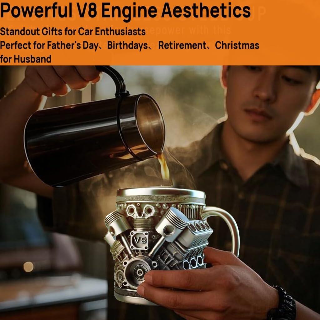 V8 Engines Stainless Steel Cup,Personalized Coffee Mug with Insulated Handle,Perfect for Car Lovers Gifts,Mechanics, Birthday, Christmas,Living room decoration as a work of art