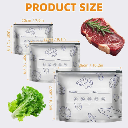 【Refrigerated Food】Reusable Aluminum Foil Sealable Storage Bags, Resealable Vacuum Zipper Pouches for Food, Stand Up Foil Sealable Bags with Label and Zip Lock for Vegetable Fruit Meat
