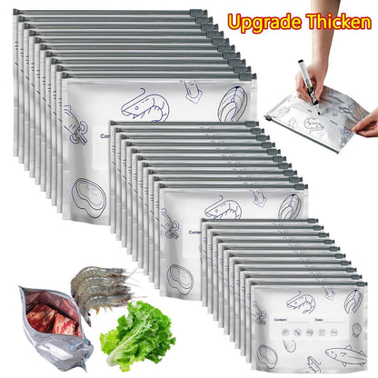 【Refrigerated Food】Reusable Aluminum Foil Sealable Storage Bags, Resealable Vacuum Zipper Pouches for Food, Stand Up Foil Sealable Bags with Label and Zip Lock for Vegetable Fruit Meat