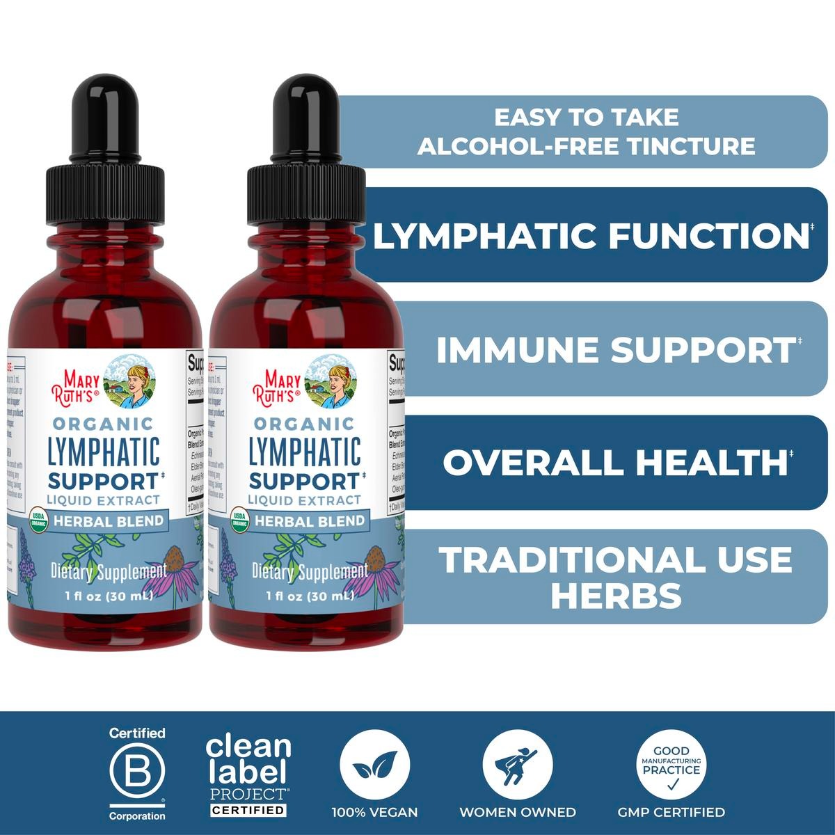 MaryRuth's Lymphatic Support Herbal Blend Liquid Drops - USDA Organic Lymphatic Cleanse - Echinacea & Elderberry - Blue Vervain - Vegan - 30 Servings
