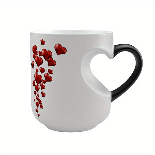 1pc Heart-Shaped Color Changing Ceramic Mug - Hot/Cold Thermochromic Design, Red Heart Pattern, Reusable Coffee Cup for Valentine'S Day, Christmas, Birthdays - Perfect Gift for Holidays & Special Occasions, Coffee Bar Accessories, Festive Drinkware, Roman