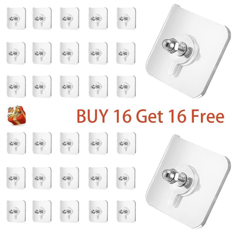 BUY 16 Get 16 Free 32-Piece No-Drill Screw Stickers, Strong Adhesive No-Nail, No Drilling Required Adhesive Wall Hooks Wall Mount Screw Hooks Picture Hangers Without Nails for Hanging 2.25 * 2.25 * 0.4 Inch for Kitchen, Bathroom, Home