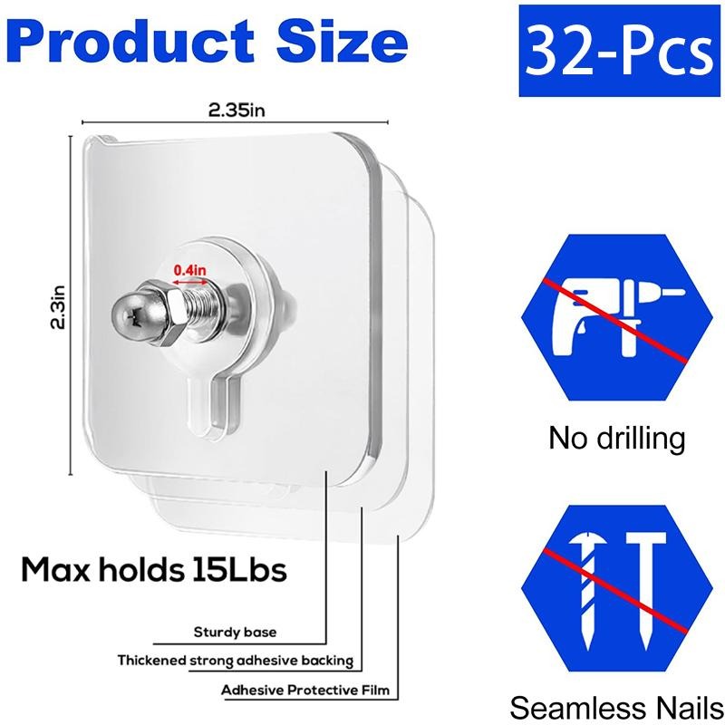 BUY 16 Get 16 Free 32-Piece No-Drill Screw Stickers, Strong Adhesive No-Nail, No Drilling Required Adhesive Wall Hooks Wall Mount Screw Hooks Picture Hangers Without Nails for Hanging 2.25 * 2.25 * 0.4 Inch for Kitchen, Bathroom, Home