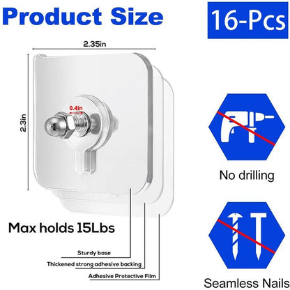 BUY 16 Get 16 Free 32-Piece No-Drill Screw Stickers, Strong Adhesive No-Nail, No Drilling Required Adhesive Wall Hooks Wall Mount Screw Hooks Picture Hangers Without Nails for Hanging 2.25 * 2.25 * 0.4 Inch for Kitchen, Bathroom, Home