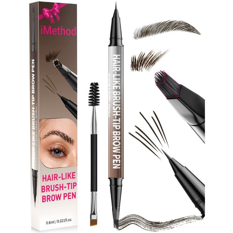 4D Brow Pen, 2-in-1 Eyebrow Pencil with Waterproof Microblading and Dual-Ended Eyeliner Brush for Natural Brow Makeup and Eyelash Line
