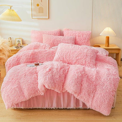 4 Piece Plush Duvet Cover Set (1 Fluffy Faux Duvet Cover+ 1 Heart Pillow + 2 Furry Pillow Shams), Soft & Warm Bedding Set (Pink, Queen (U.S.Standard)