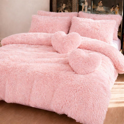4 Piece Plush Duvet Cover Set (1 Fluffy Faux Duvet Cover+ 1 Heart Pillow + 2 Furry Pillow Shams), Soft & Warm Bedding Set (Pink, Queen (U.S.Standard)
