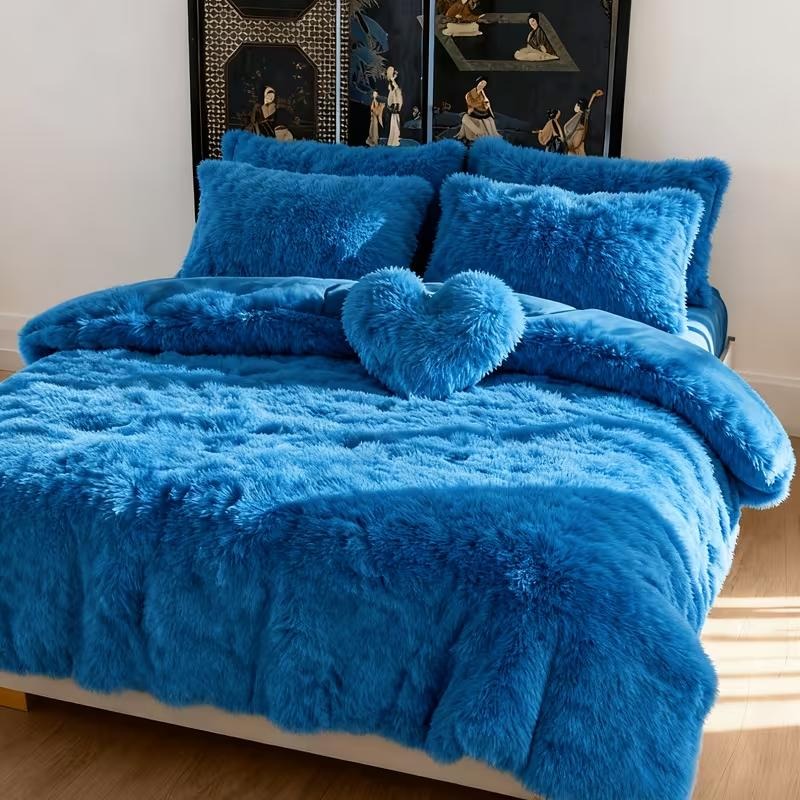 4 Piece Plush Duvet Cover Set (1 Fluffy Faux Duvet Cover+ 1 Heart Pillow + 2 Furry Pillow Shams), Soft & Warm Bedding Set (Pink, Queen (U.S.Standard)