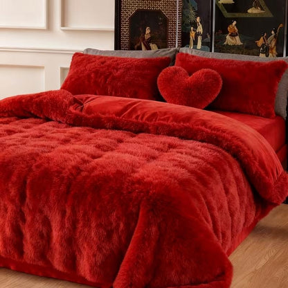 4 Piece Plush Duvet Cover Set (1 Fluffy Faux Duvet Cover+ 1 Heart Pillow + 2 Furry Pillow Shams), Soft & Warm Bedding Set (Pink, Queen (U.S.Standard)