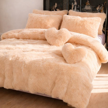 4 Piece Plush Duvet Cover Set (1 Fluffy Faux Duvet Cover+ 1 Heart Pillow + 2 Furry Pillow Shams), Soft & Warm Bedding Set (Pink, Queen (U.S.Standard)