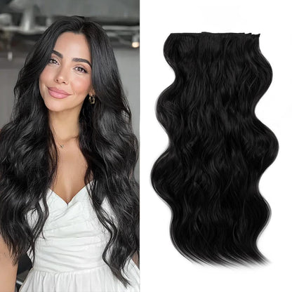 Invisible Clip- in Synthetic Hair Extensions Thick Natural Hairpieces Double Weft 4/3/2 Secure Clips Long Wavy Secret Hairpiece for Women