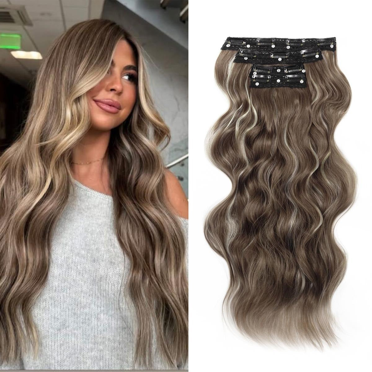 Invisible Clip- in Synthetic Hair Extensions Thick Natural Hairpieces Double Weft 4/3/2 Secure Clips Long Wavy Secret Hairpiece for Women