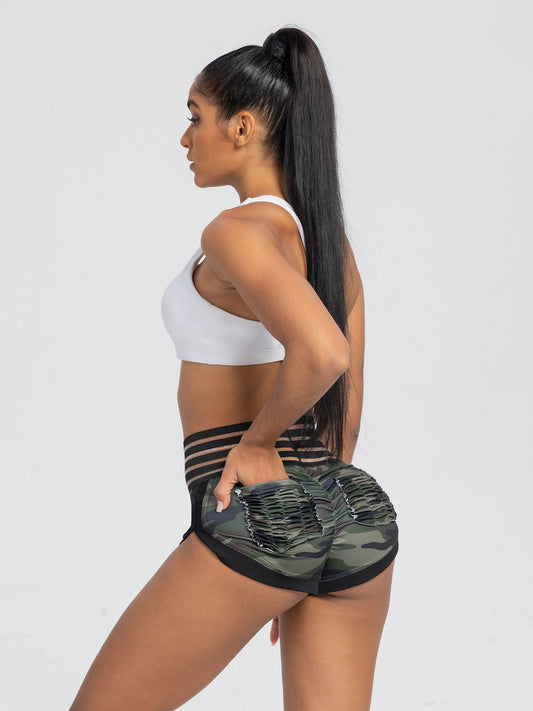 Peach Lace Waist Camouflage Print Yoga Shorts Sports Leggings with Pockets and Butt-Lifting Design