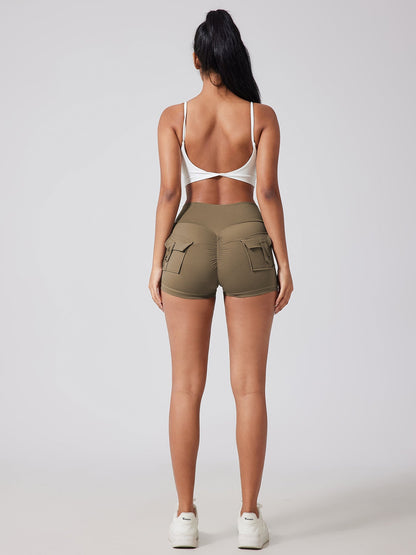 Fitness Shorts with Pockets, Sports Yoga Pants for Women, Bare-Skin Peach Butt Workwear Tight Shorts