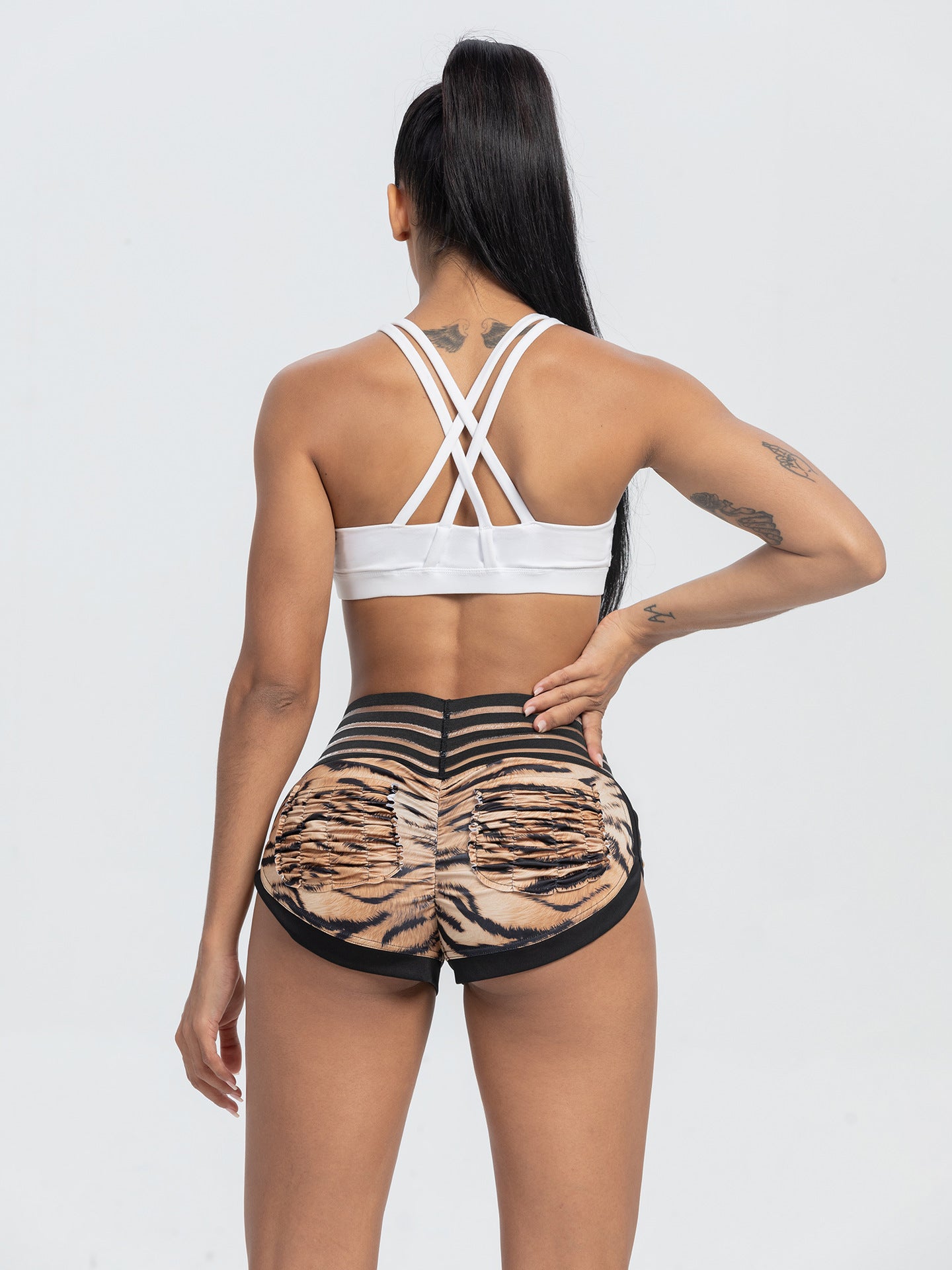 Peach Lace Waist Tiger Print Yoga