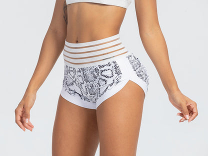 Peach Lace Waist Snake Print Yoga Shorts with Pocket and Butt Lift