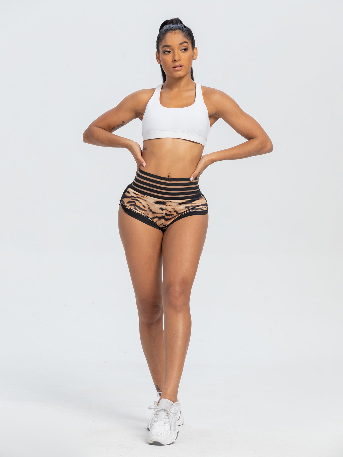 Peach Lace Waist Tiger Print Yoga