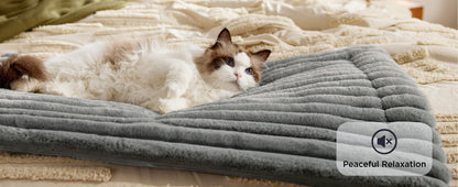Cat lying on a gray inflatable pet bed with 'Peaceful Relaxation' text