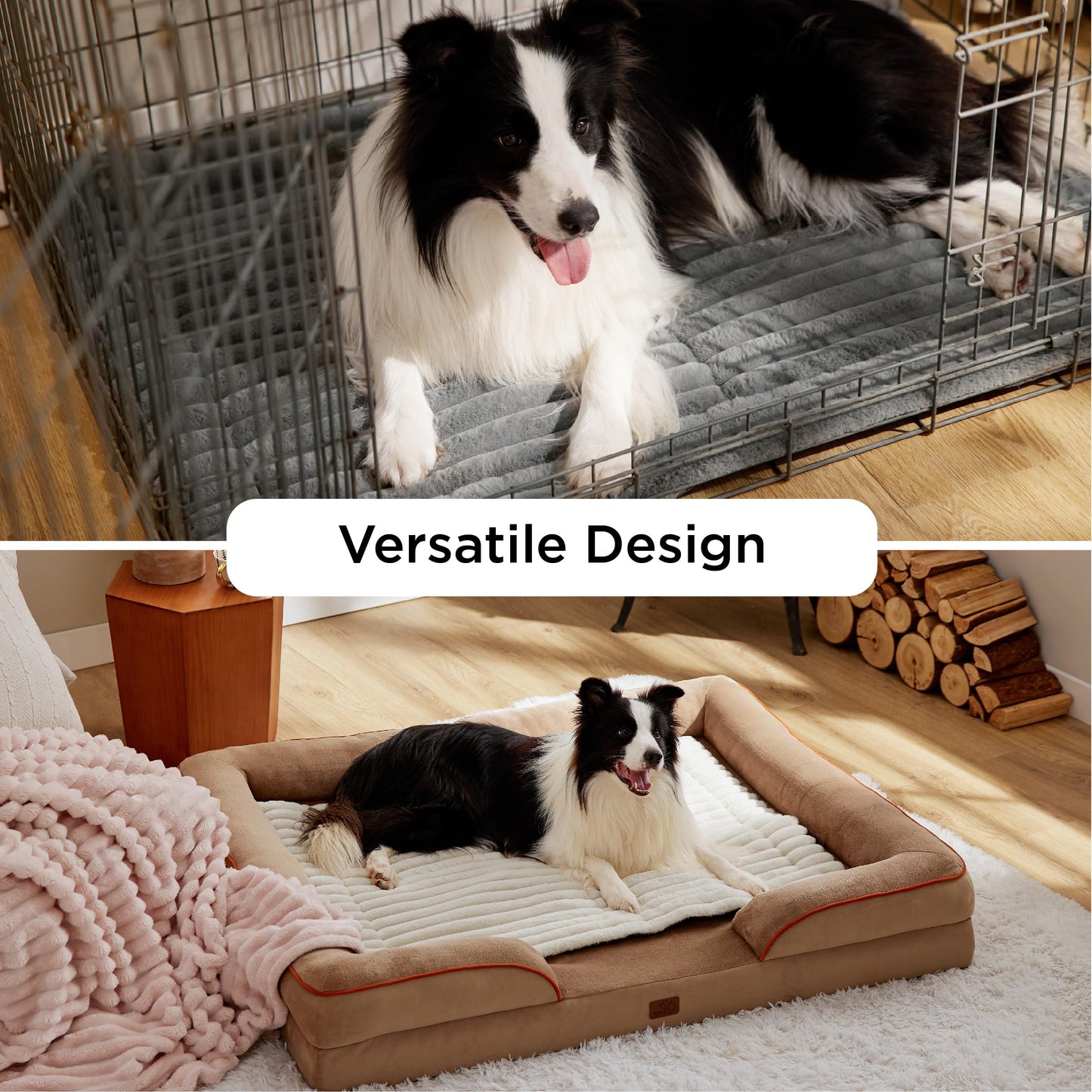Dog in a metal crate and on a plush dog bed with 'Versatile Design' text.
