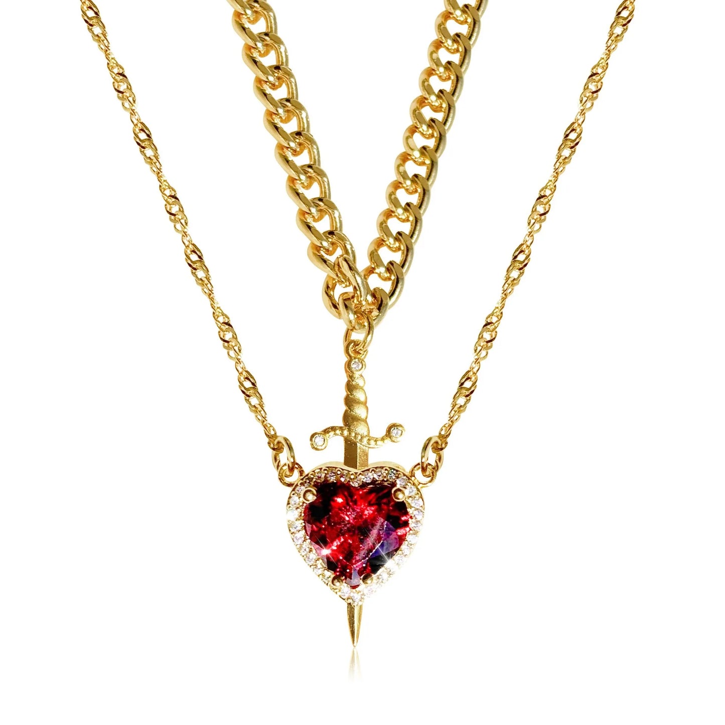 Heart & Dagger Necklace Set - Gold