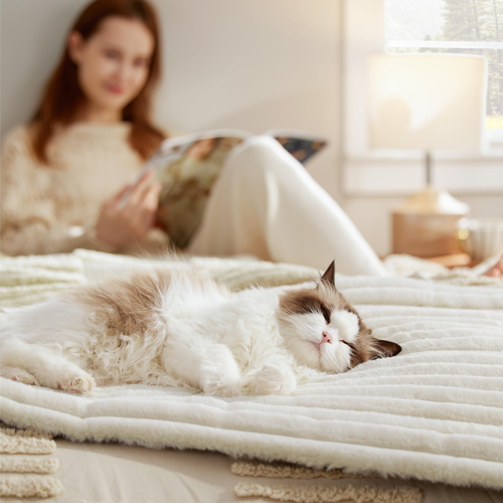 Woman reading a book with a cat lying on a bed in a cozy room.