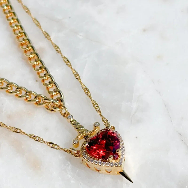 Heart & Dagger Necklace Set - Gold